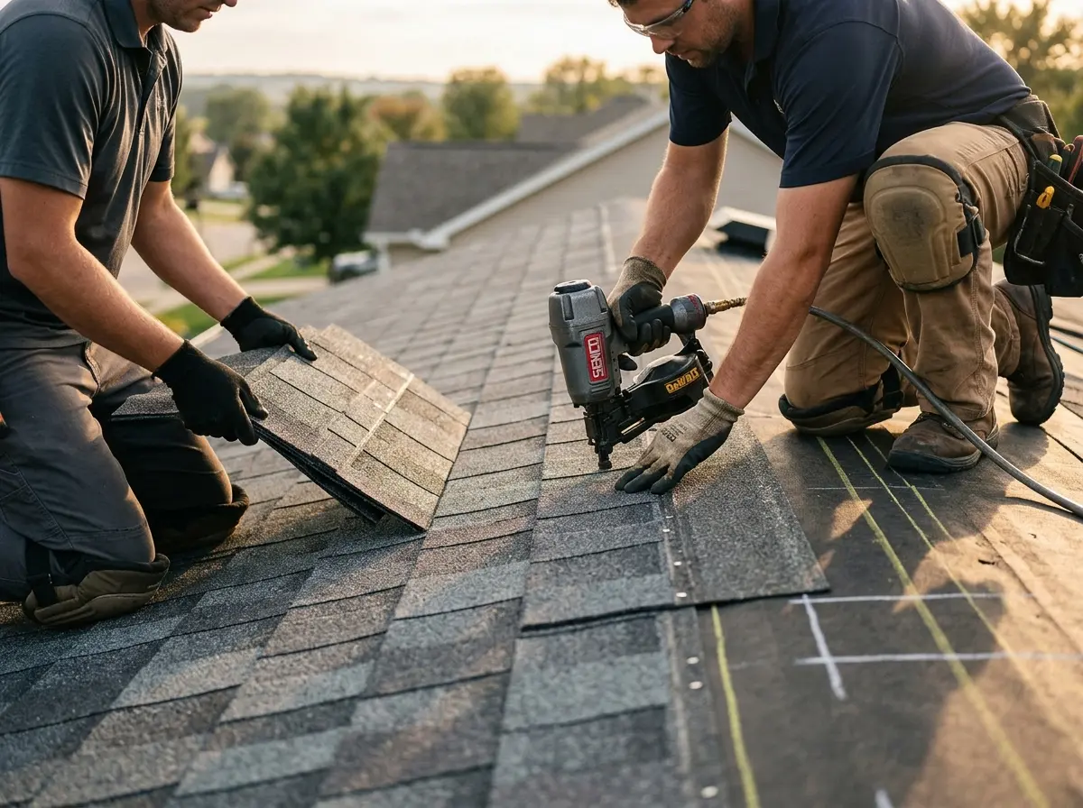 Professional roofer working on a residential roof in Shiprock